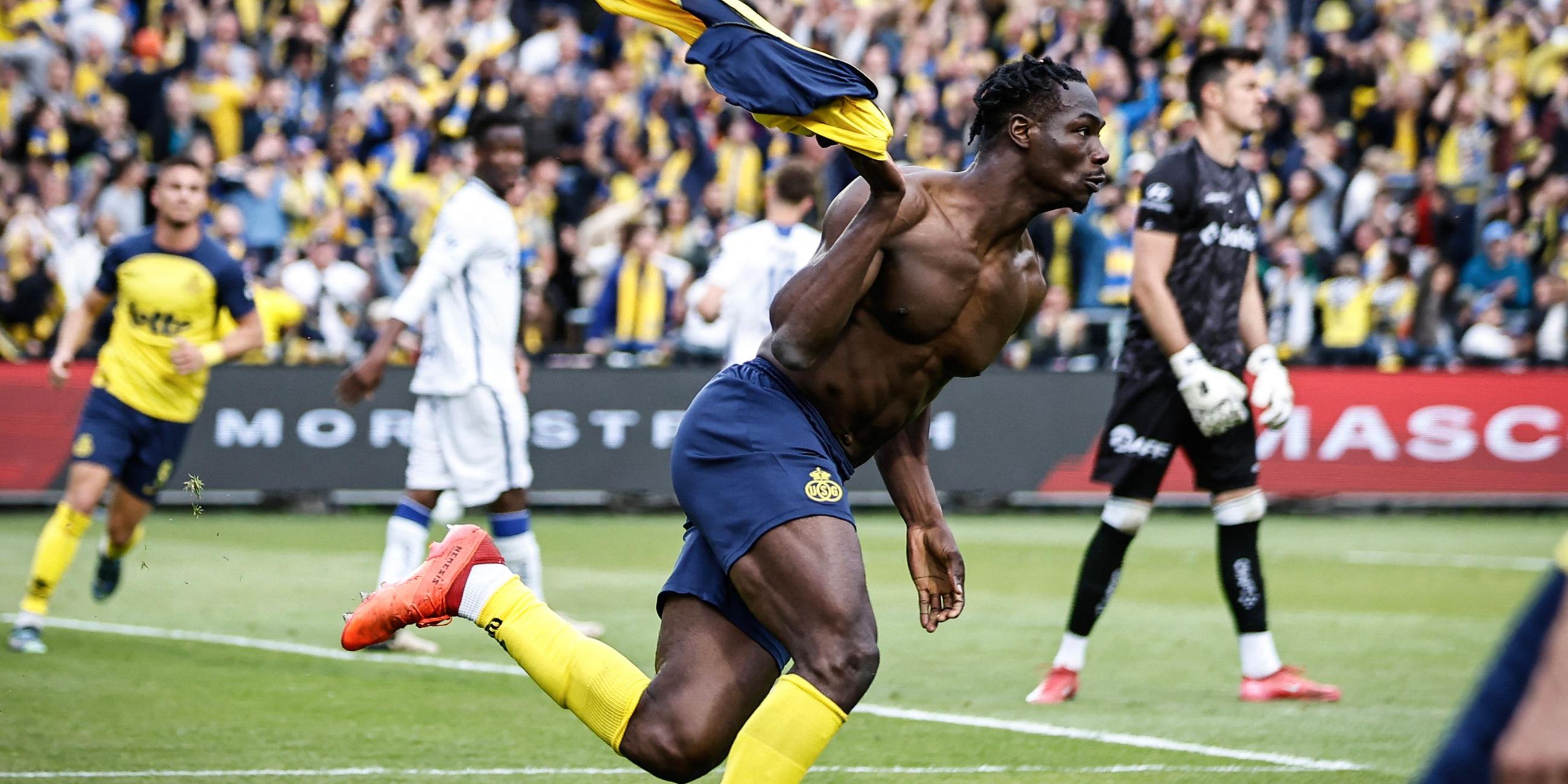 Promise David (Union Saint-Gilloise) jubelt über seinen Treffer zum 3:0 gegen Gent