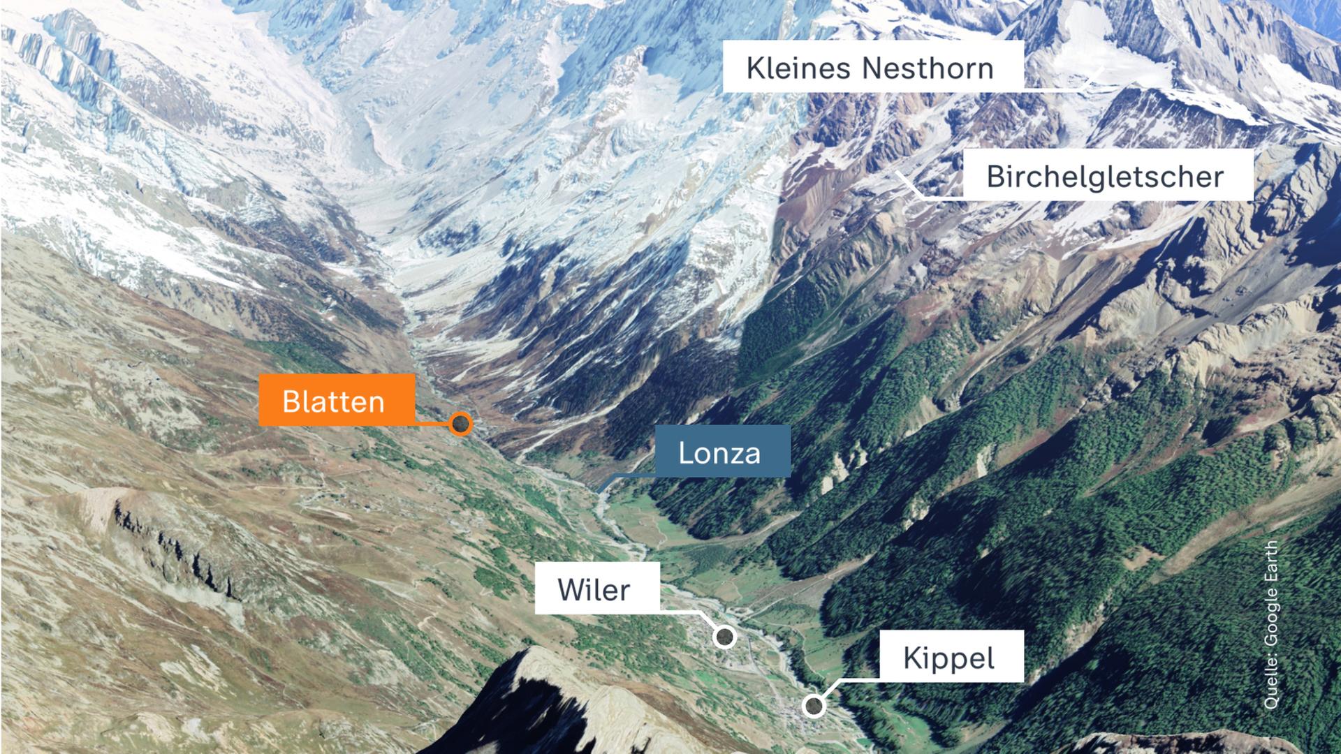 Karte, die Blatten und weitere Orte in der Schweiz zeigt.