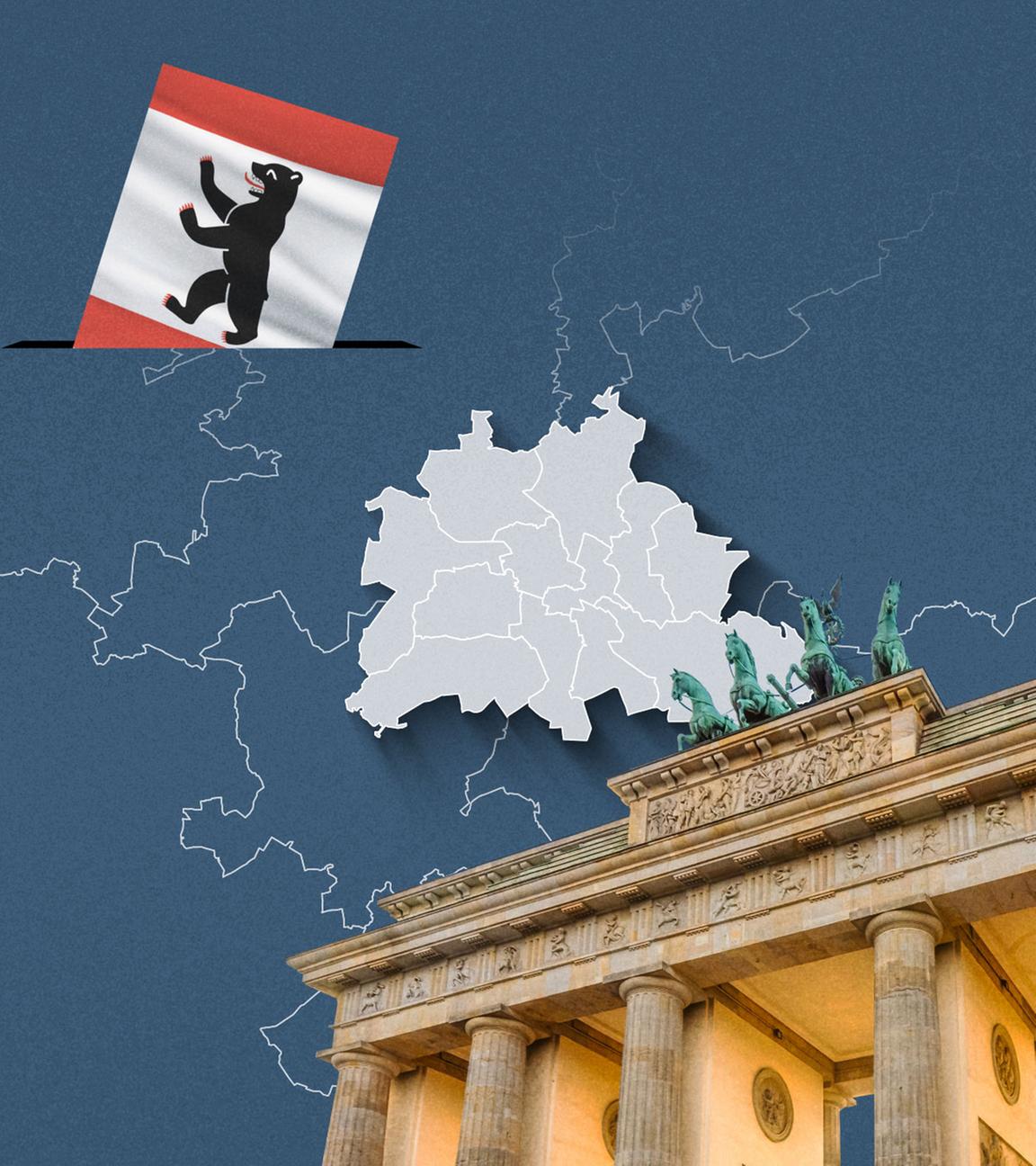 Foto vom Brandenburger Tor, davor eine Wahlkreis-Karte von Berlin und die Flagge 