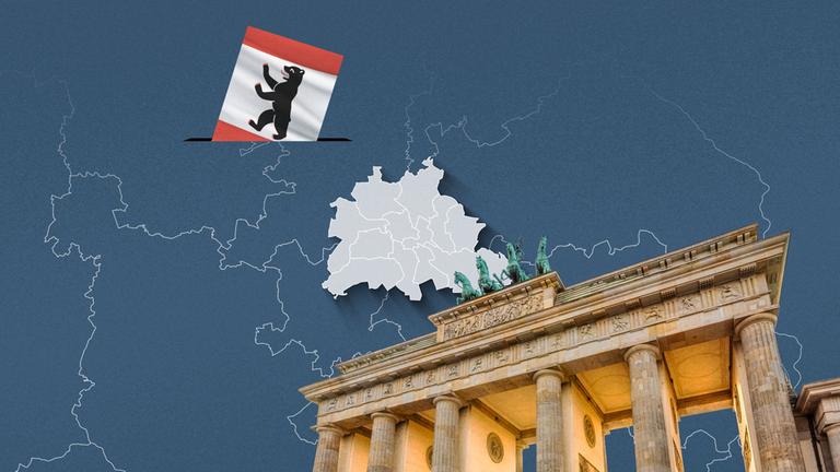 Foto vom Brandenburger Tor, davor eine Wahlkreis-Karte von Berlin und die Flagge 