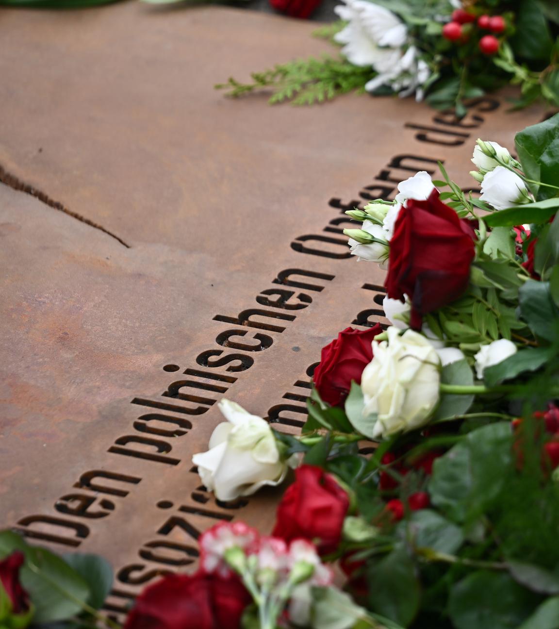 Ein Mann legt während der Übergabe eines temporären Denkmals zur Erinnerung an die polnischen Opfer des Zweiten Weltkriegs und der deutschen Gewaltherrschaft eine Rose am Denkmal ab