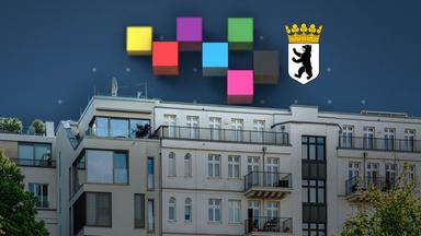 Über einer Häuserfront sind das Berliner Wappen und die Farben der Parteien der Berlin Wahl 2026 verteilt.