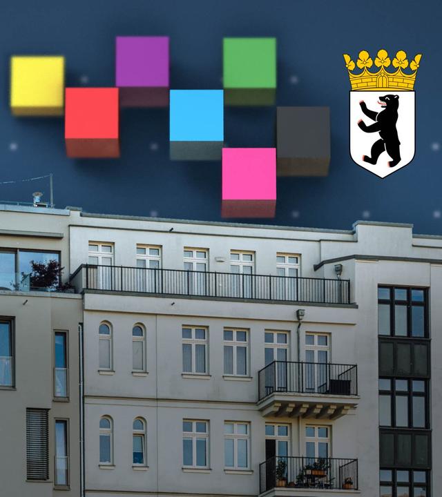 Über einer Häuserfront sind das Berliner Wappen und die Farben der Parteien der Berlin Wahl 2026 verteilt.