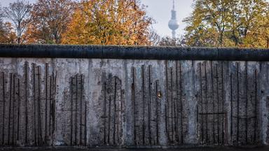 Überreste der Berliner Mauer, dahinter sind Bäume mit Herbstlaub und die Spitze des Berliner Fernsehturms zu erkennen.