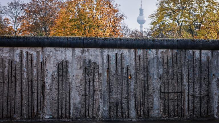 Überreste der Berliner Mauer, dahinter sind Bäume mit Herbstlaub und die Spitze des Berliner Fernsehturms zu erkennen.