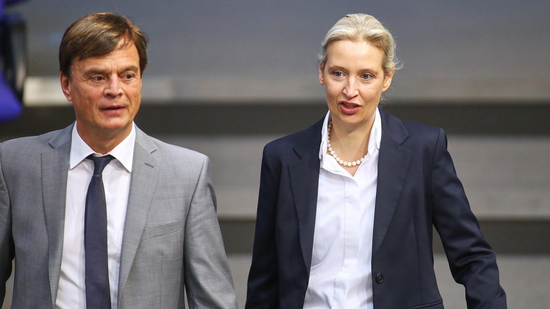 Bernd Baumann und Alice Weidel von der AfD am 06.11.2025 im Bundestag in Berlin.
