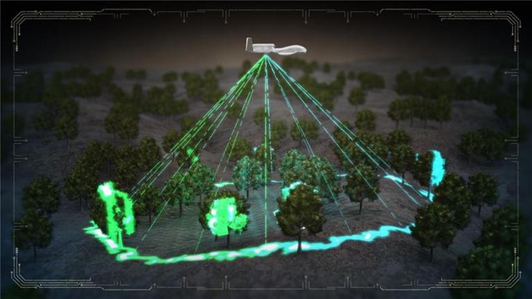 Visualisierung eines LiDAR-Scans: Grün angeleuchtete Bäume und ein LED-Kreis zeigen, wie das Mapping-System Gelände und Vegetationsdaten erfasst.