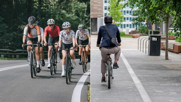 Eine Gruppe von Rennradfahrern und ein Fahrradfahrer auf dem Weg zur Arbeit. 