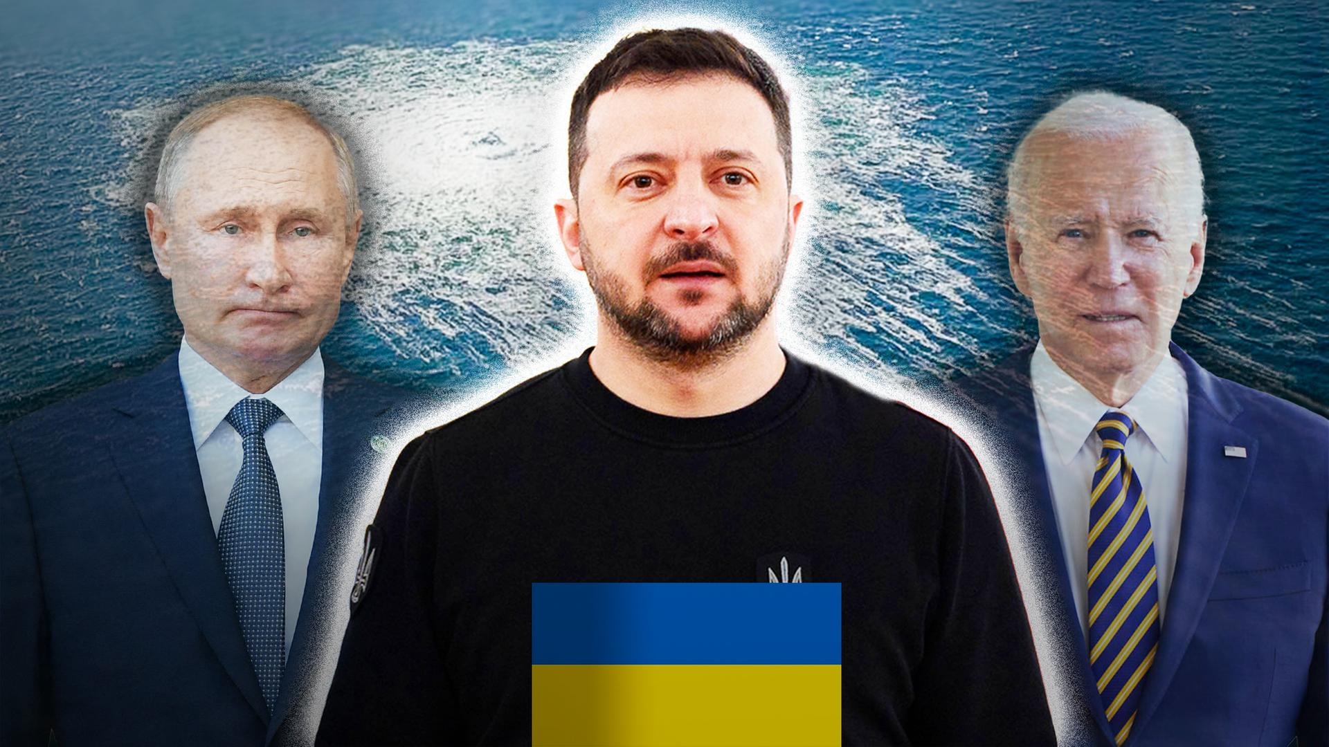 Ukrainischer Präsident Selenskyj freigestellt und in der Mitte, im Hintergrund ein Foto von der Detonation der Pipelines in der Ostsee. Biden und Putin im Hintergrund.