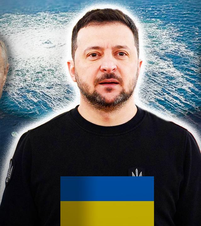 Ukrainischer Präsident Selenskyj freigestellt und in der Mitte, im Hintergrund ein Foto von der Detonation der Pipelines in der Ostsee. Biden und Putin im Hintergrund.