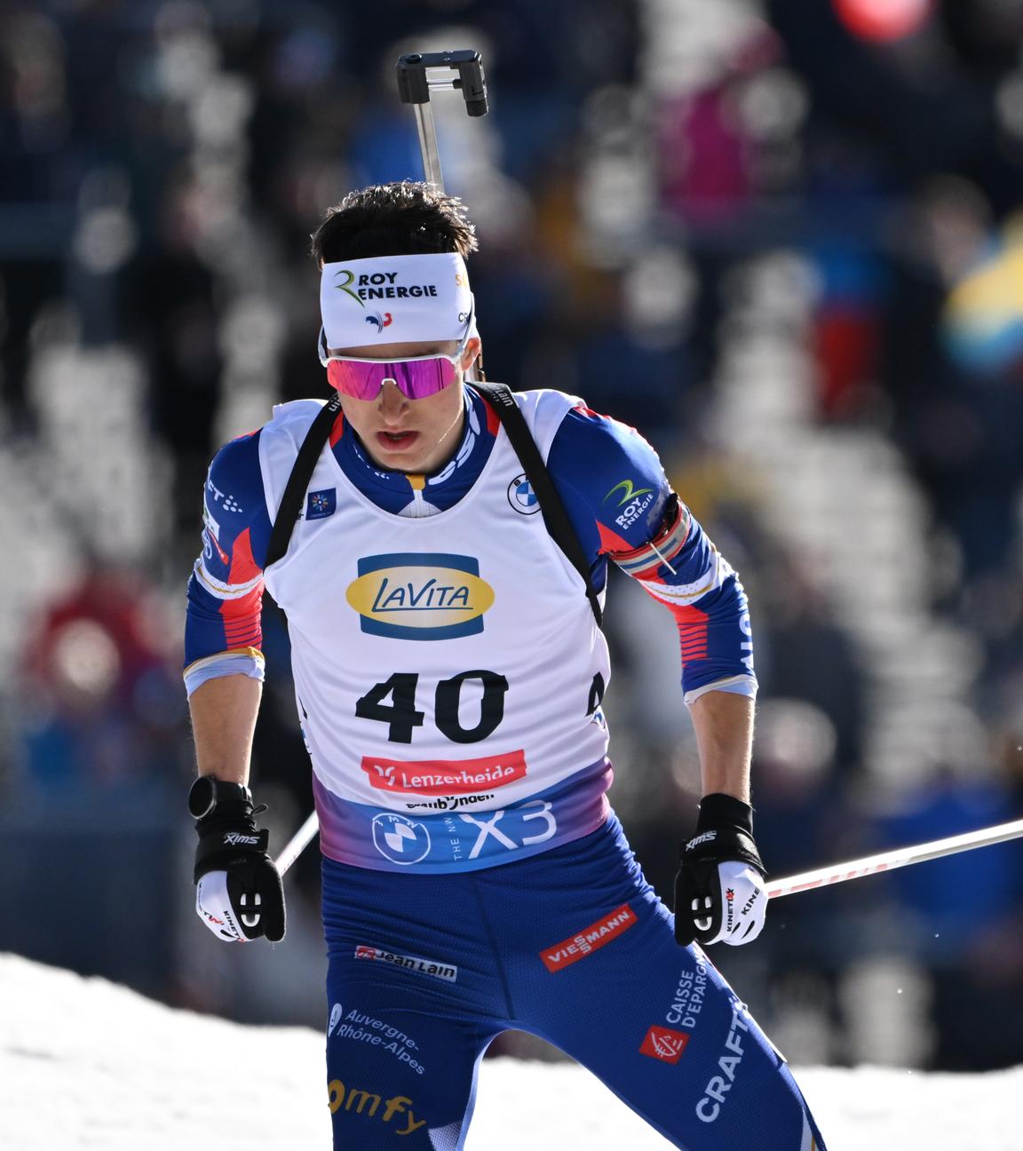 Biathlet Eric Perrot aus Frankreich beim WM-Einzelrennen in Lenzerheide 