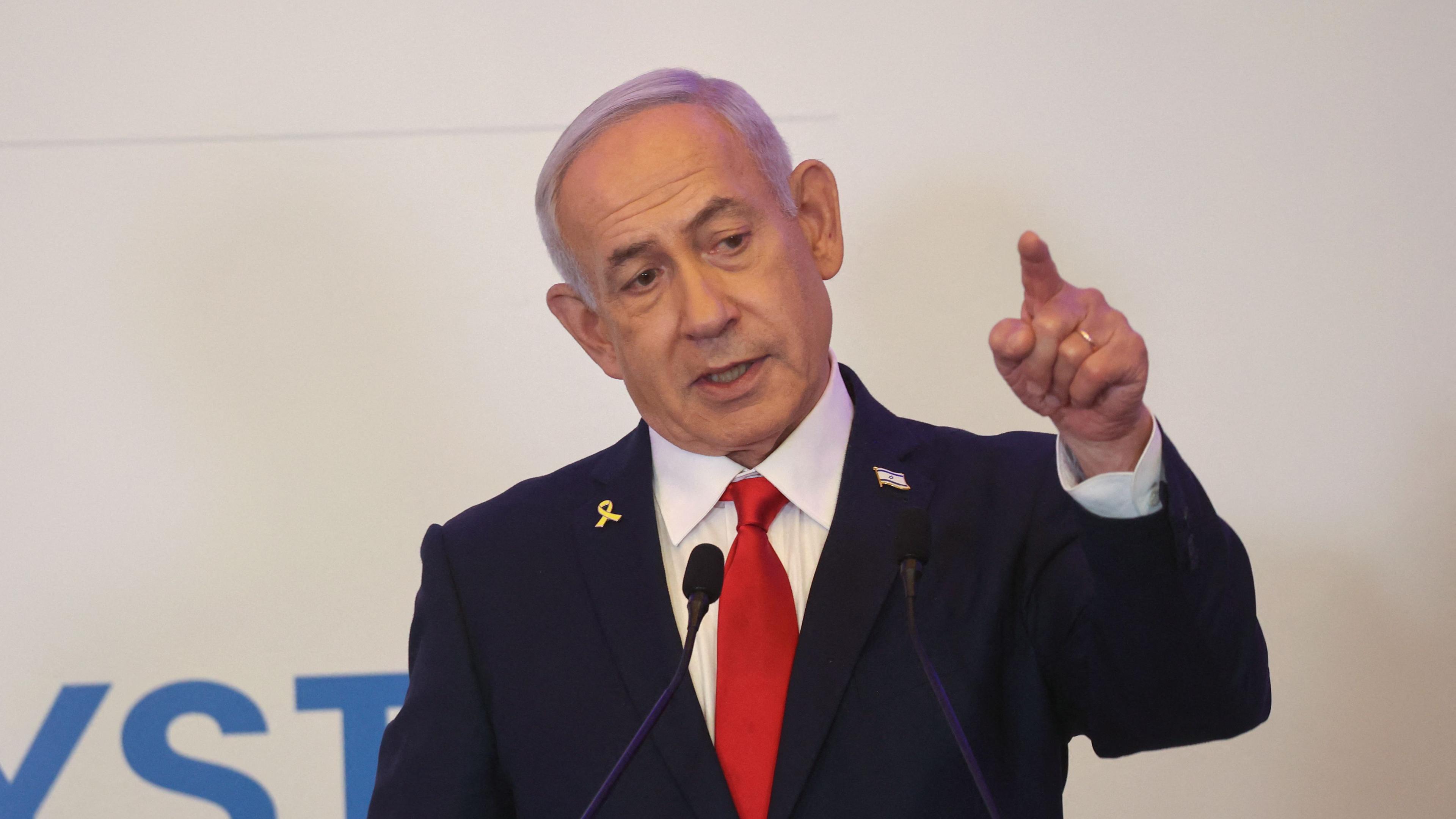 Israel's Prime Minister Benjamin Netanyahu speaks during an event at the Waldorf Astoria Hotel in Jerusalem on July 27, 2025.