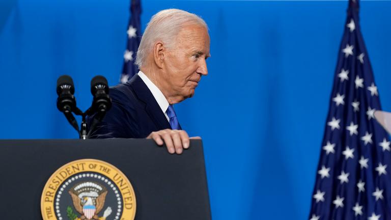 President Joe Biden departs after speaking at a news conference following the NATO Summit in Washington, Thursday, July 11, 2024.