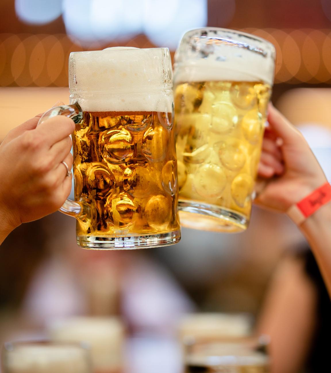 Baden-Württemberg, Stuttgart: Besucher des 85. Stuttgarter Frühlingsfests stoßen in einem Festzelt mit zwei Mass Bier an.