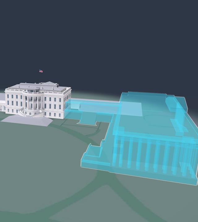 3D-Modell des Weißen Hauses, hervorgehoben der Ostflügel, den Trump neu bauen lassen will
