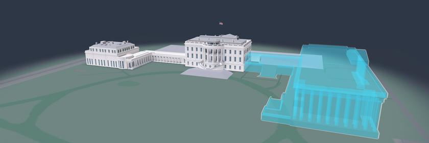 3D-Modell des Weißen Hauses, hervorgehoben der Ostflügel, den Trump neu bauen lassen will