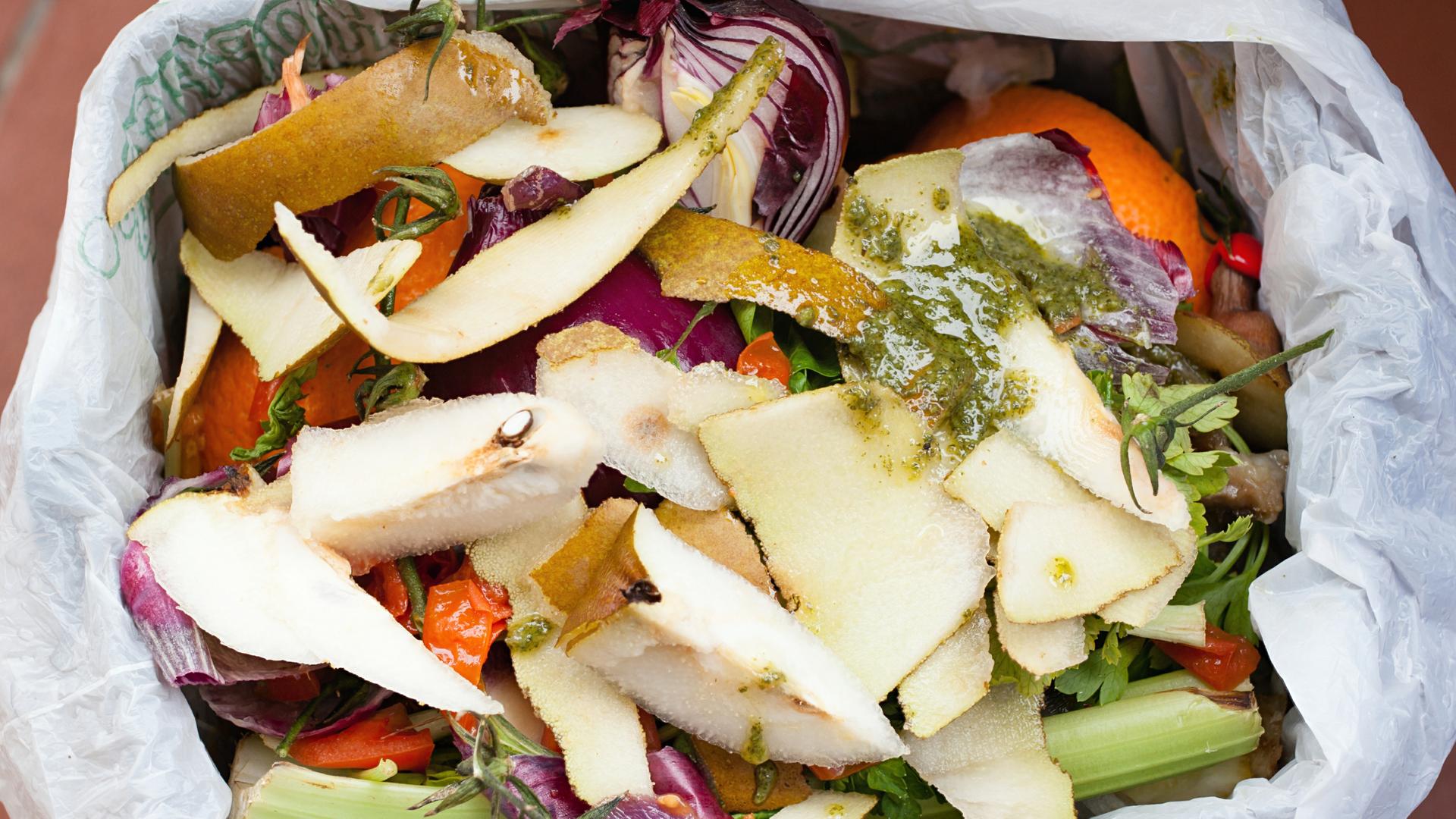 Es ist Biomüll aus Obst- und Gemüseabfällen von oben zu sehen.