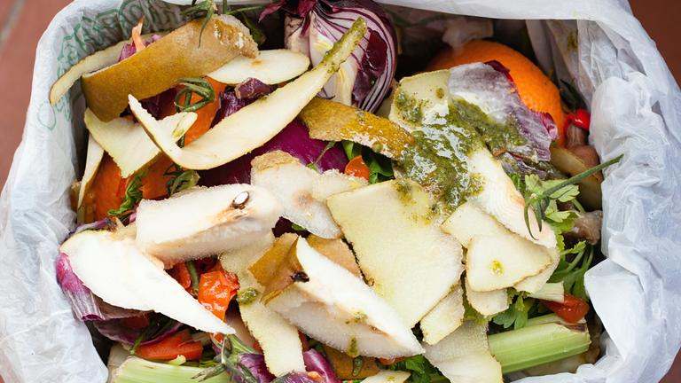 Es ist Biomüll aus Obst- und Gemüseabfällen von oben zu sehen.