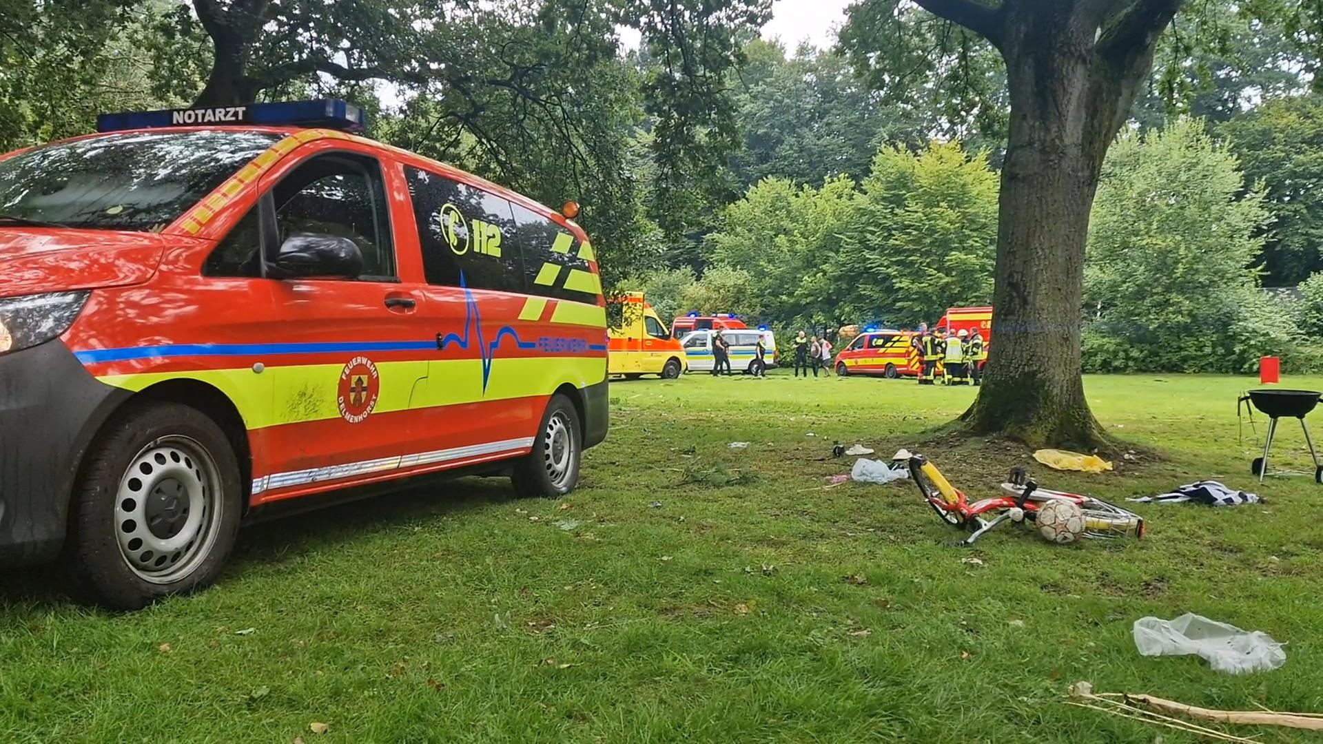 Einsatzfahrzeuge stehen nach einem Blitzeinschlag in einem Park in Delmenhorst