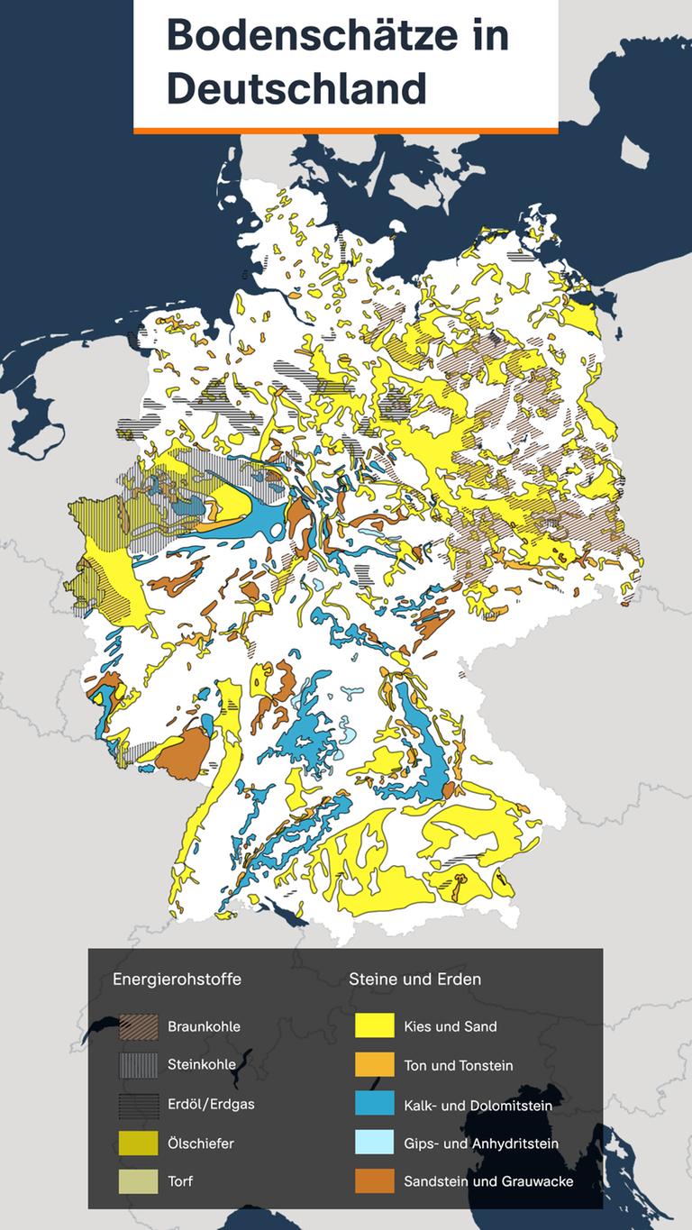 Eine Karte von Deutschland auf die die Bodenschätze in Deutschland eingezeichnet sind.