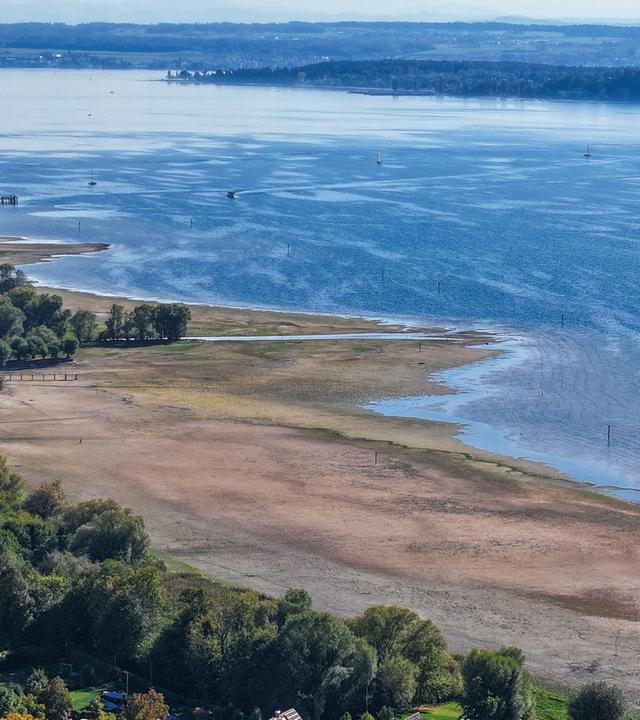 Durch das Niedrigwasser sind am Rand des Bodensees breite Sandbänke und trockene, breite Uferbereiche entstanden.