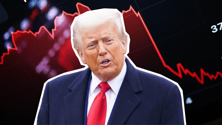 US-Präsident Donald Trump ist vor einer Grafik eines fallenden Aktienkurses zu sehen. 