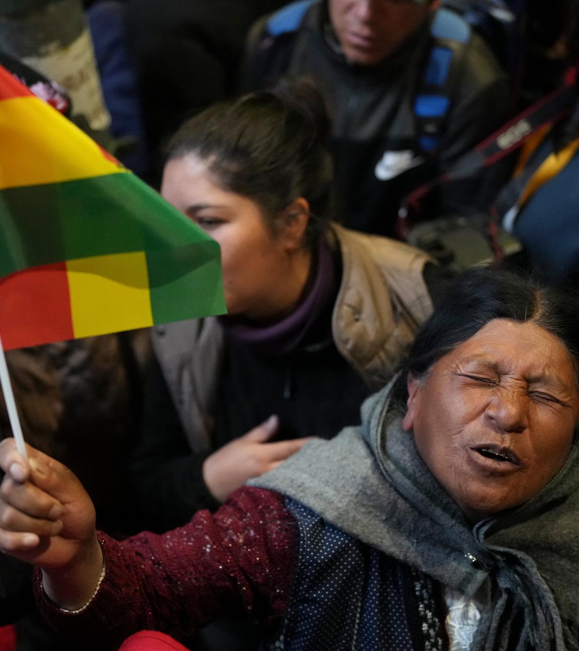 Ein Unterstützer von Rodrigo Paz hält eine Bolivienfahne auf einer Demonstration