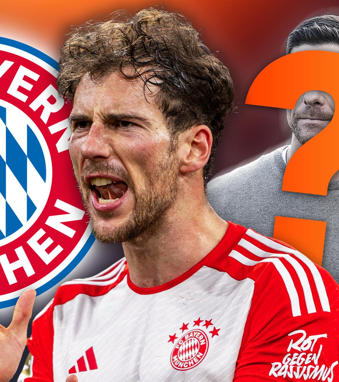 Grafik mit Leon Goretzka neben dem Logo des FC Bayern. Rechts Xabi Alonso hinter einem Fragezeichen versteckt.