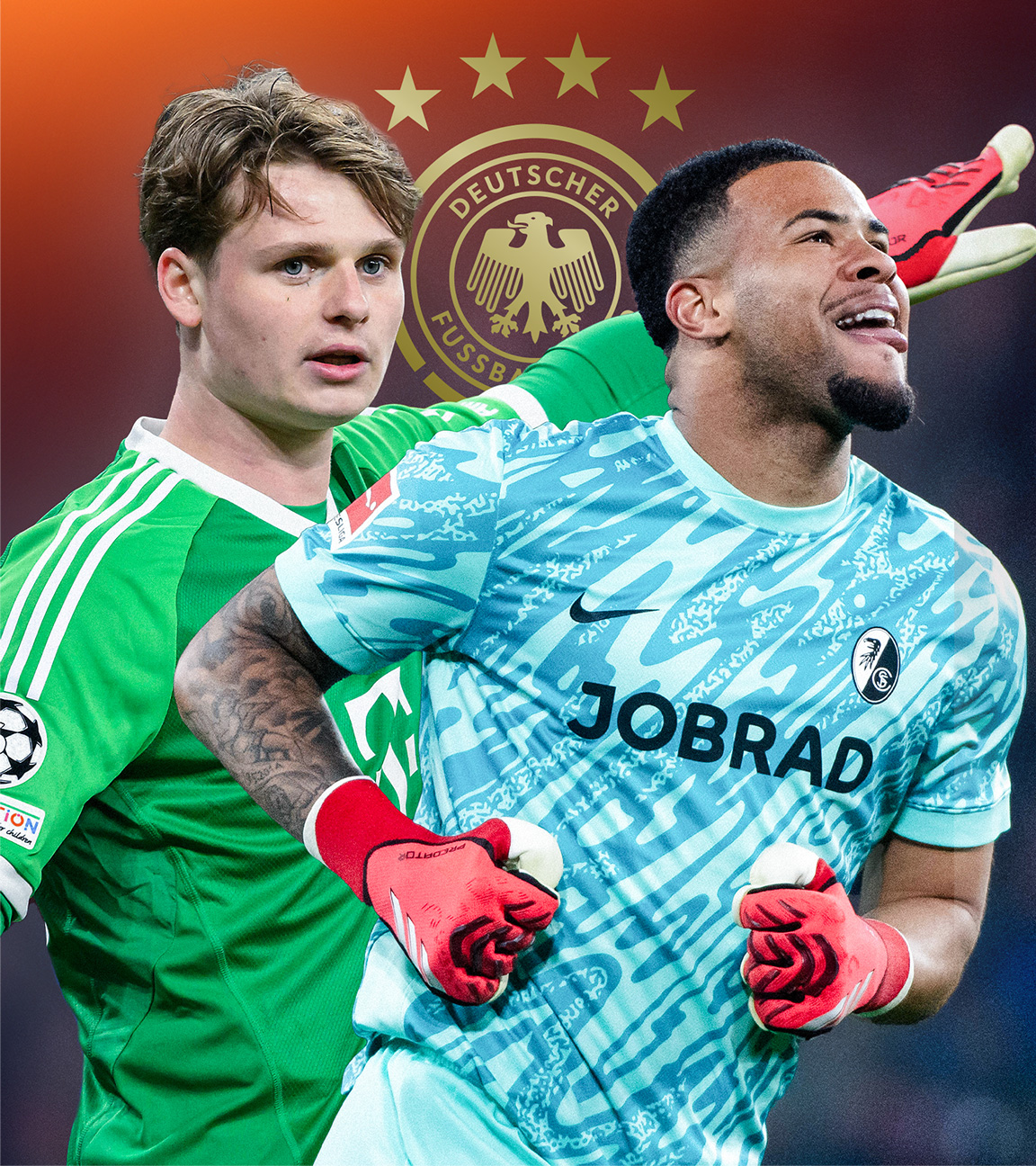 Bolzplatz-Grafik mit den Fußball-Torhütern Jonas Urbig (Bayern München) und Noah Atubolu (SC Freiburg)