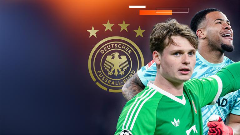 Bolzplatz-Grafik mit den Fußball-Torhütern Jonas Urbig (Bayern München) und Noah Atubolu (SC Freiburg)