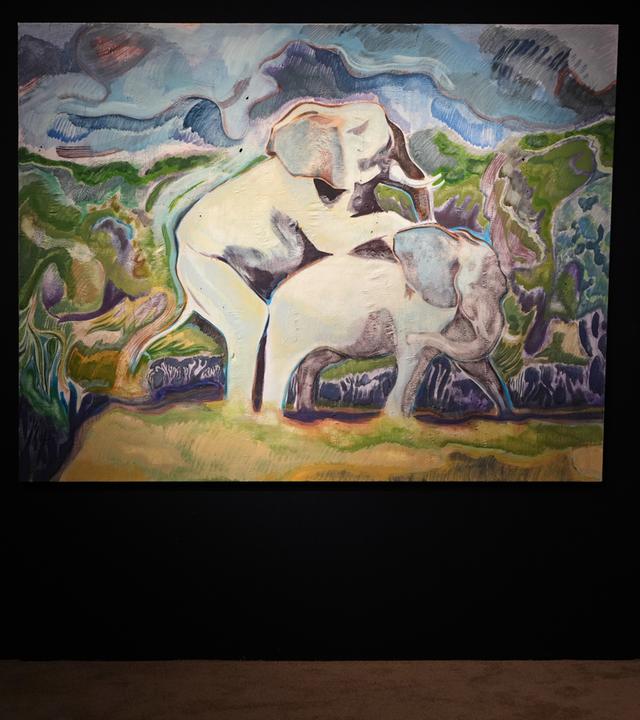 Ein Gemälde von Micheal Armitage mit dem Namen "Elefanten" wird bei einer Auktion ausgestellt. Es zeigt zwei Elefanten beim Sex.