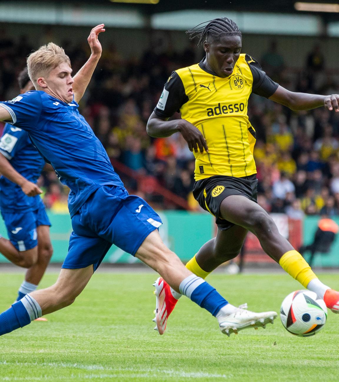Der Hoffenheimer Hennes Behrens im Zweikampf mit Ousmane Diallo Thiao von Borussia Dortmund