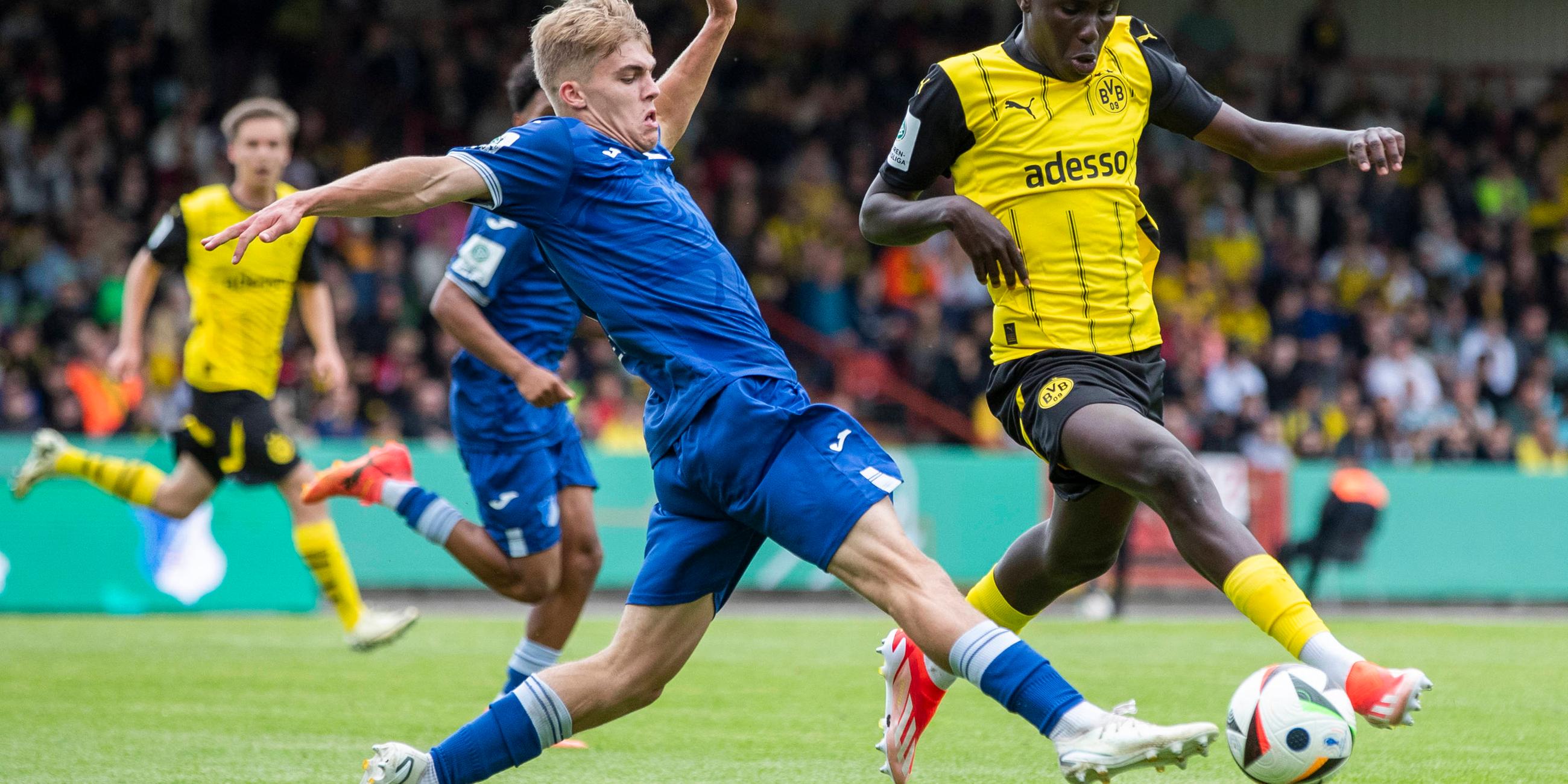 Der Hoffenheimer Hennes Behrens im Zweikampf mit Ousmane Diallo Thiao von Borussia Dortmund
