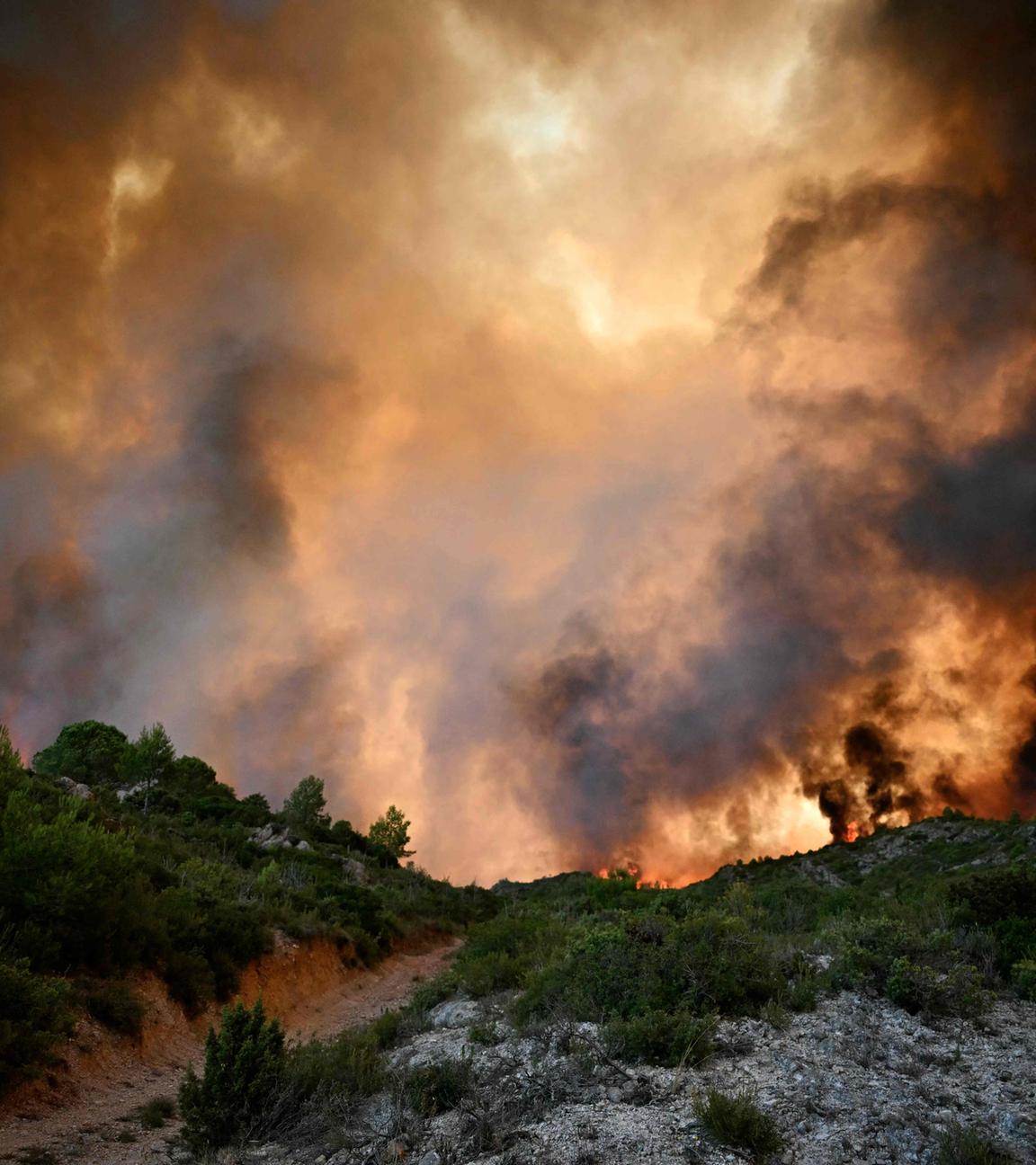 Ein Wald steht in Flammen, als am 6. August 2025 in der Nähe von Fontjoncouse im Südwesten Frankreichs ein Waldbrand wütet. 
