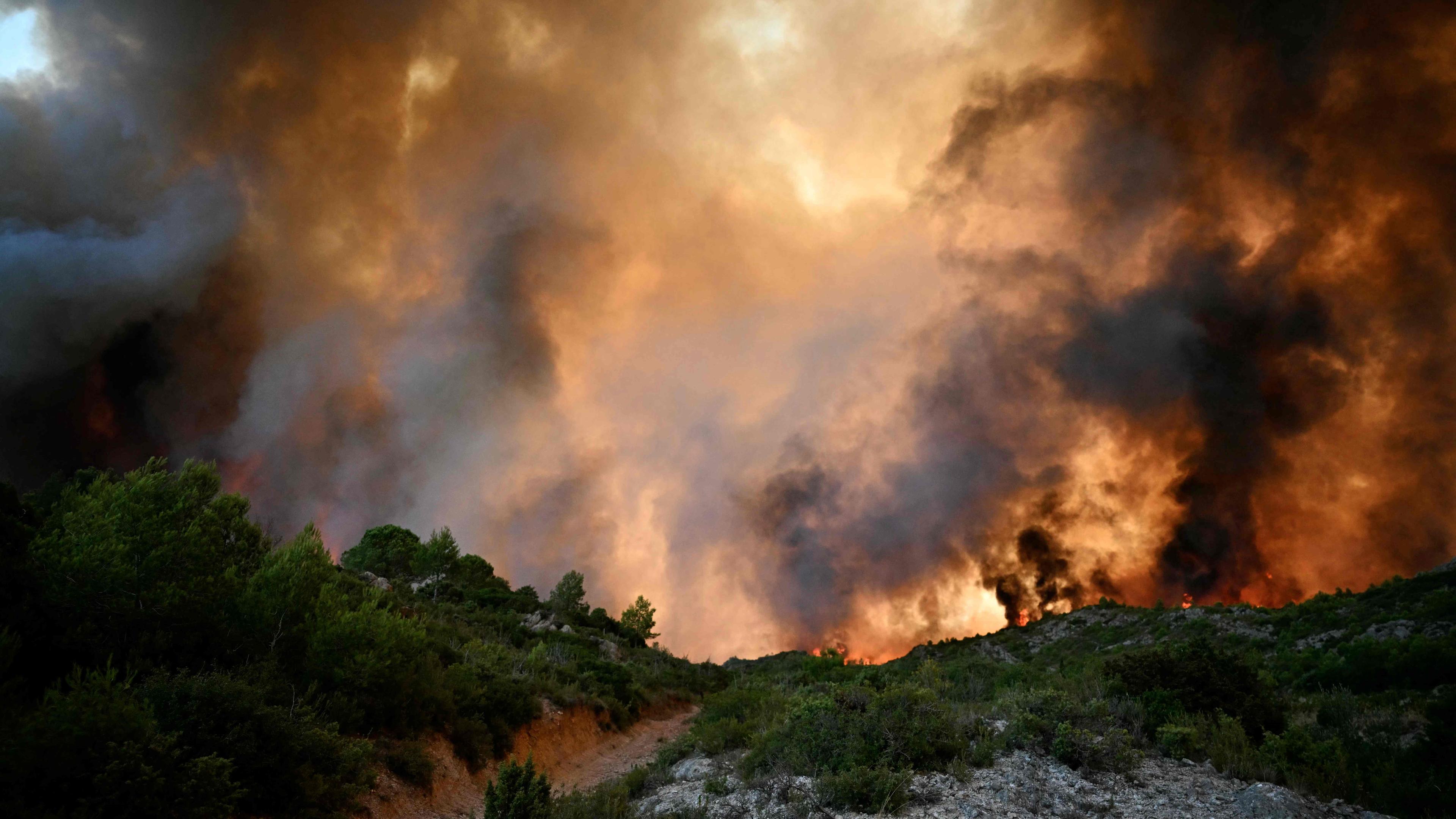 Ein Wald steht in Flammen, als am 6. August 2025 in der Nähe von Fontjoncouse im Südwesten Frankreichs ein Waldbrand wütet. 