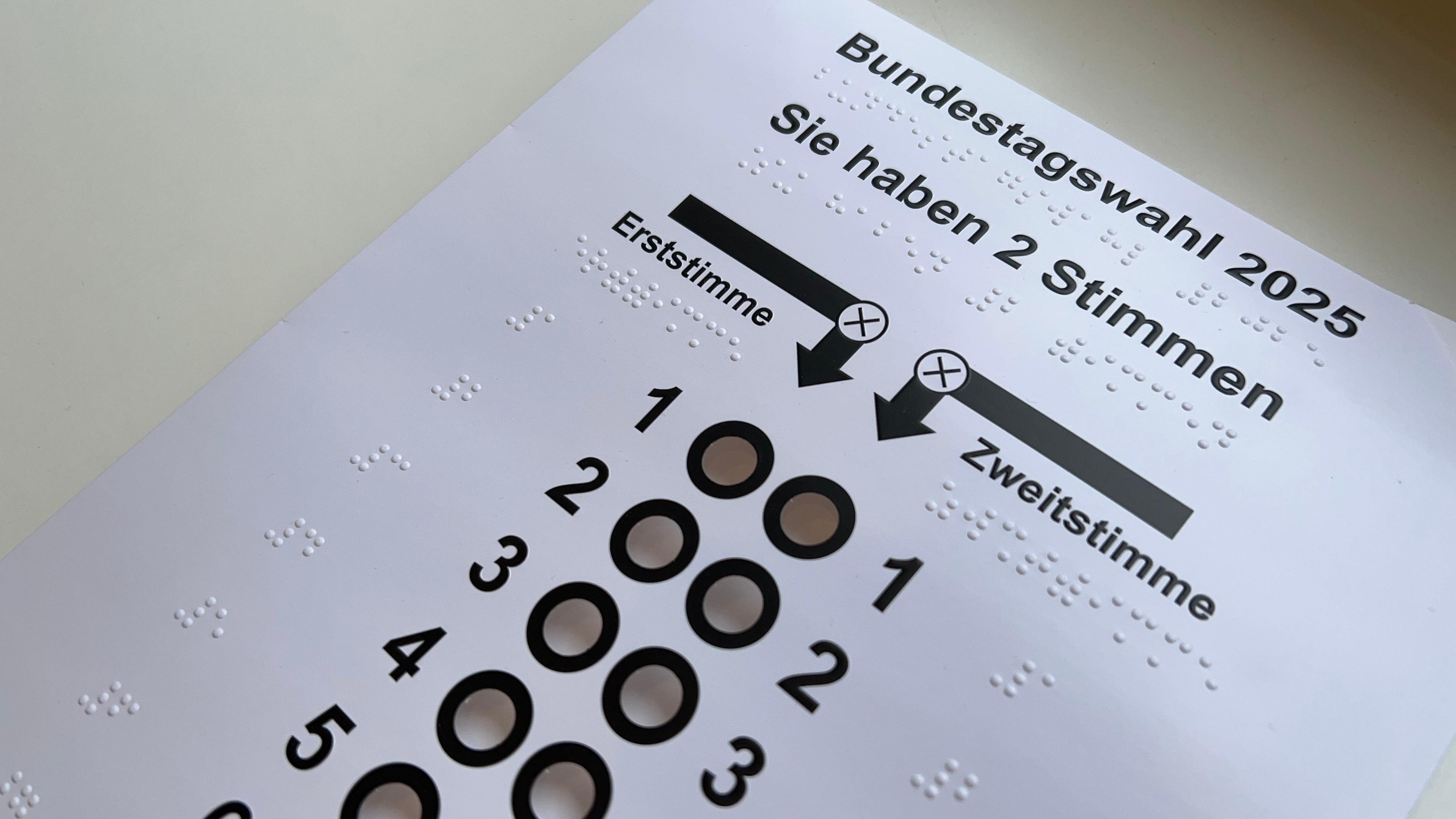 Stimmzettelschablone auf weißem Hintergrund. Darauf steht geschrieben "Bundestagswahl 2025".