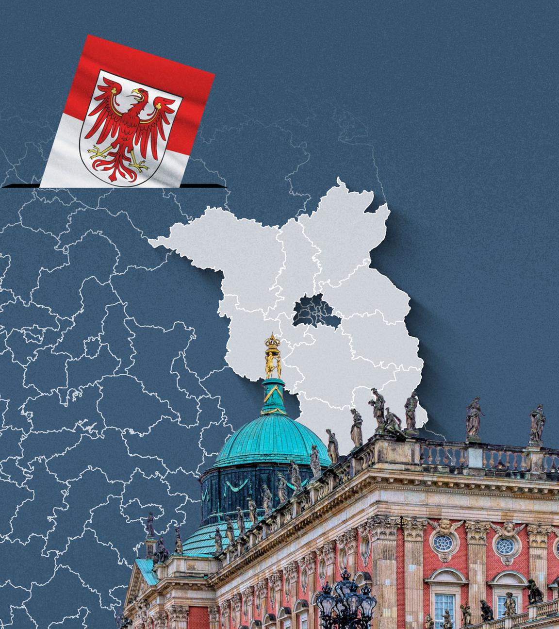 Foto vom Schloss Potsdam, davor eine Wahlkreis-Karte von Brandenburg und die Flagge