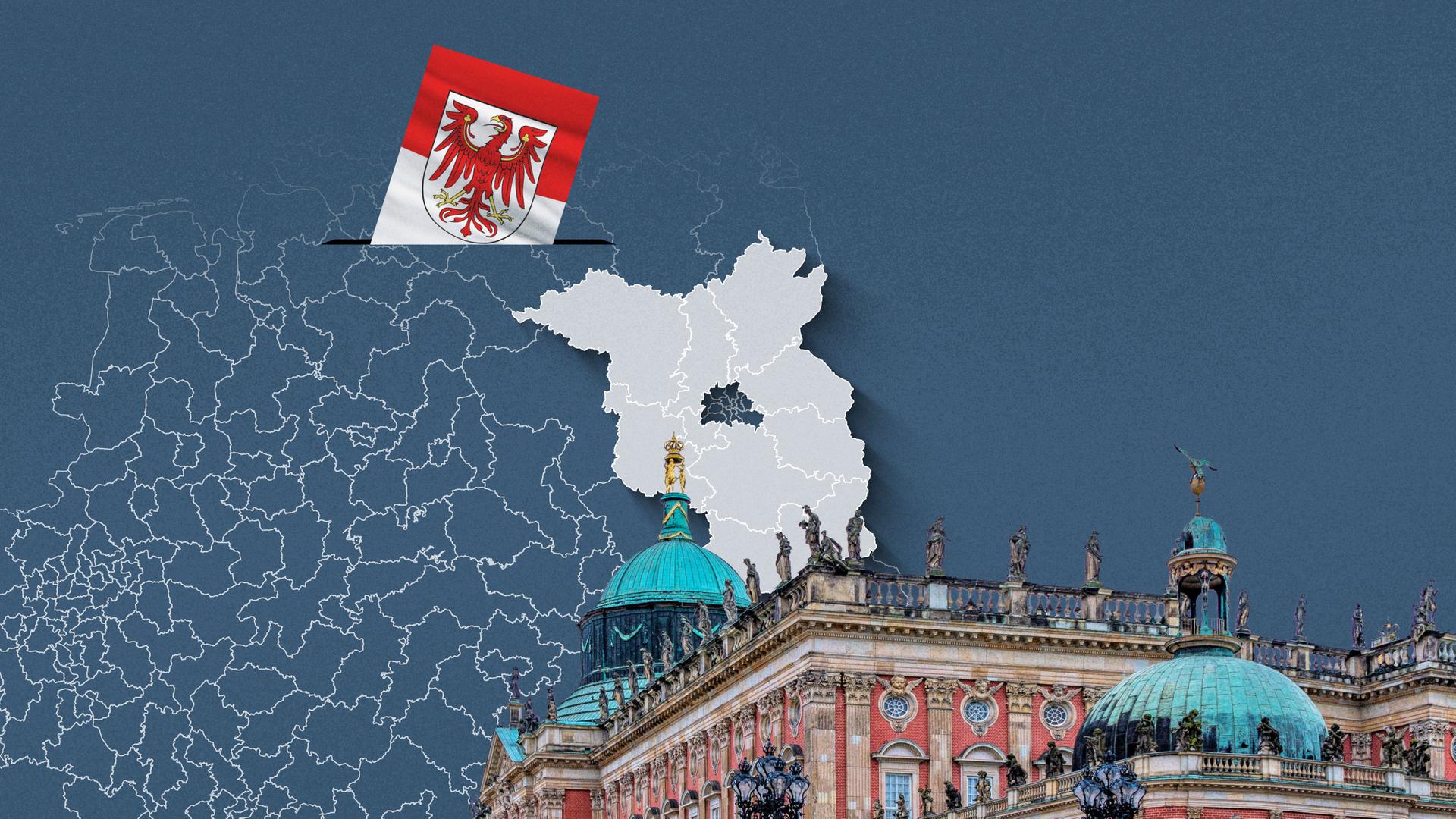 Foto vom Schloss Potsdam, davor eine Wahlkreis-Karte von Brandenburg und die Flagge