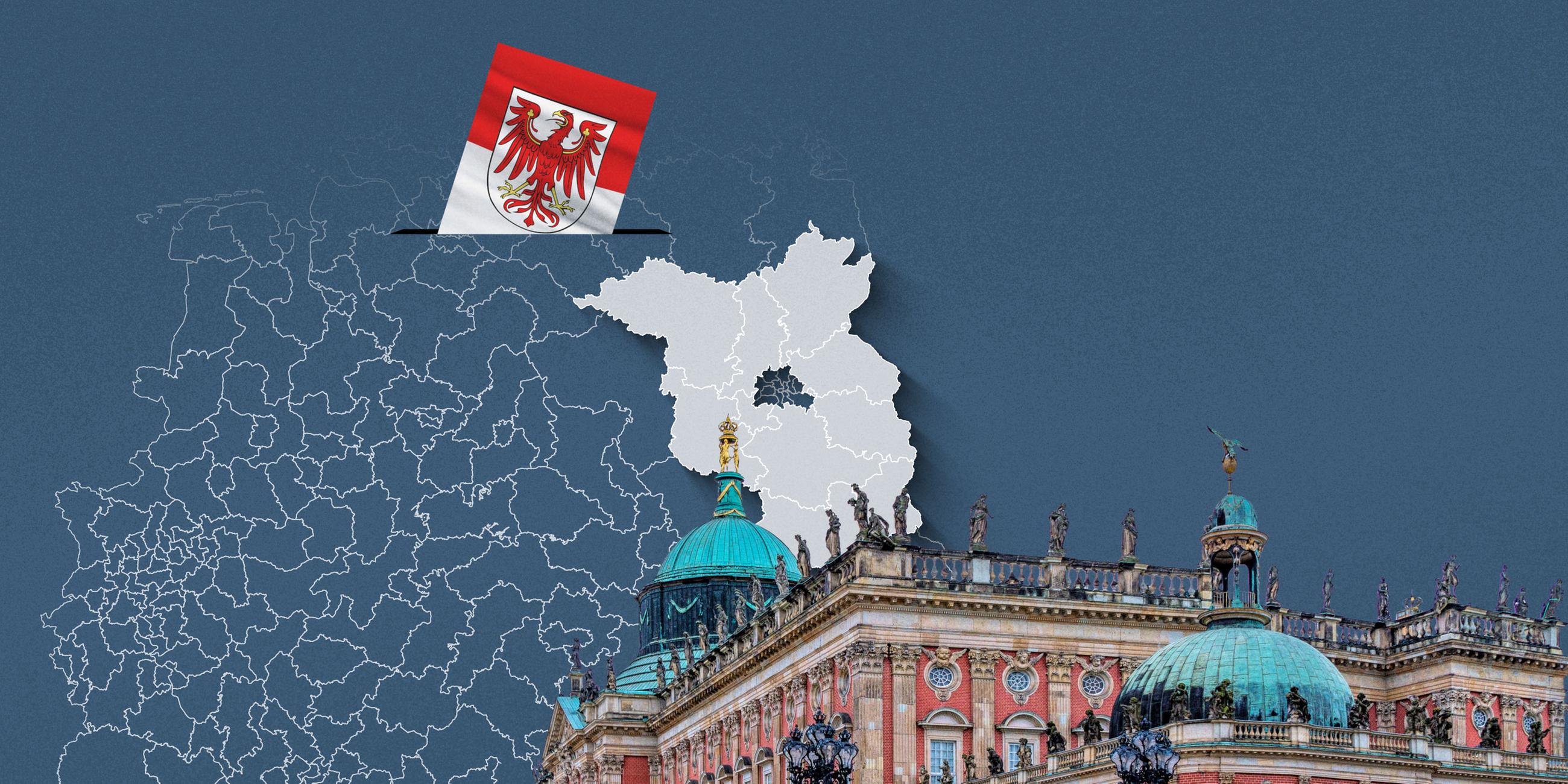 Foto vom Schloss Potsdam, davor eine Wahlkreis-Karte von Brandenburg und die Flagge