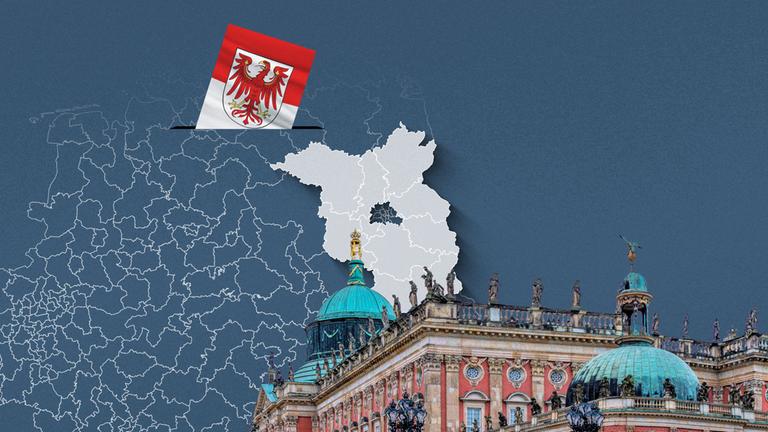 Foto vom Schloss Potsdam, davor eine Wahlkreis-Karte von Brandenburg und die Flagge
