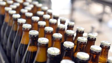 In einer Brauerei stehen Bierflaschen auf einer Abfüllanlage.