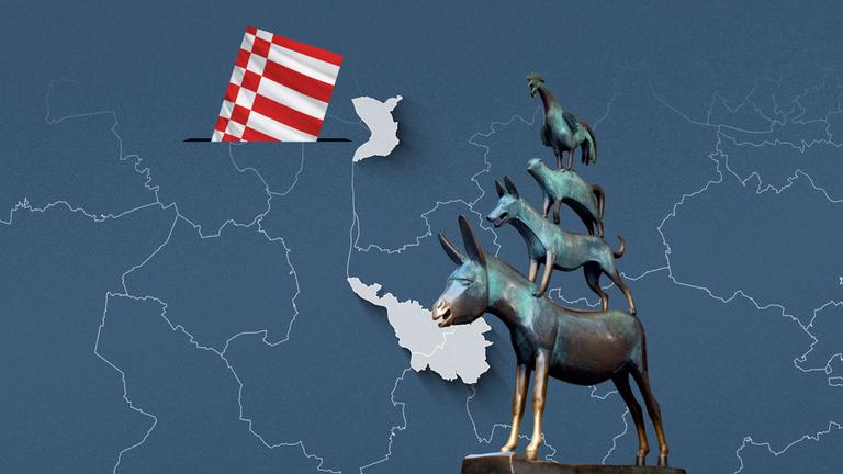 Foto der Bremer Stadtmusikanten, davor eine Wahlkreis-Karte von Bremen und die Flagge 