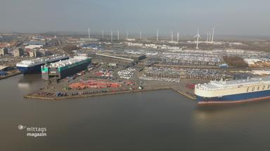 Bremerhaven von oben, Schiffe und Container am Wasser