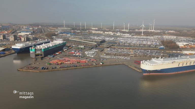 Bremerhaven von oben, Schiffe und Container am Wasser