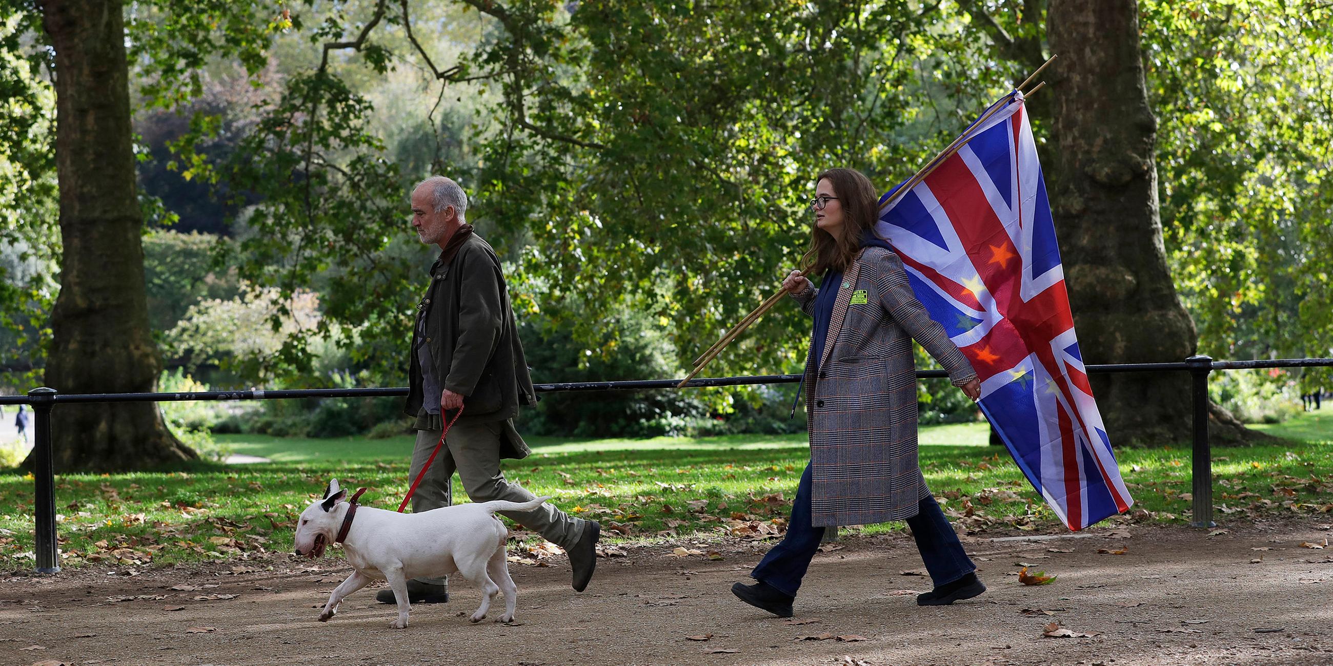 Brexit Gegnerin mit einer Kombi-Flagge der EU und Großbritanien.