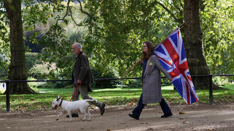 Brexit Gegnerin mit einer Kombi-Flagge der EU und Großbritanien.
