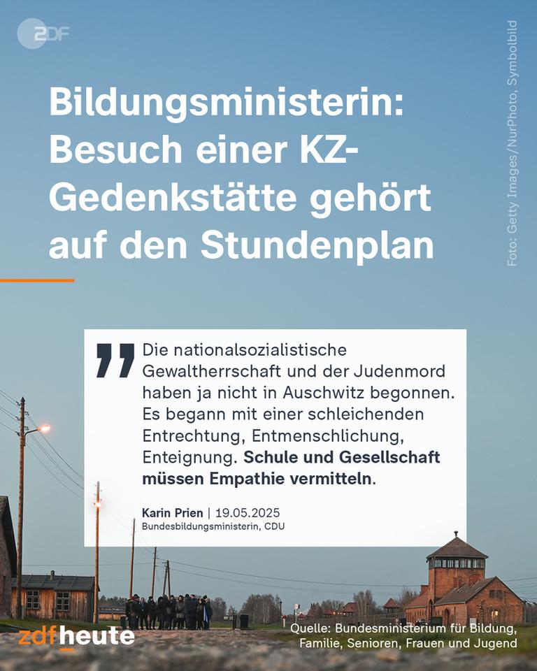Grafik mit Zitat der Bildungsministerin Karin Prien, die fordert, dass der Besuch einer KZ-Gedenkstätte gehört auf den Stundenplan gehöre