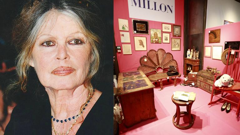 Eine Foto-Montage: Brigitte Bardot links, eine Auswahl ihrer Objekte, die versteigert werden.