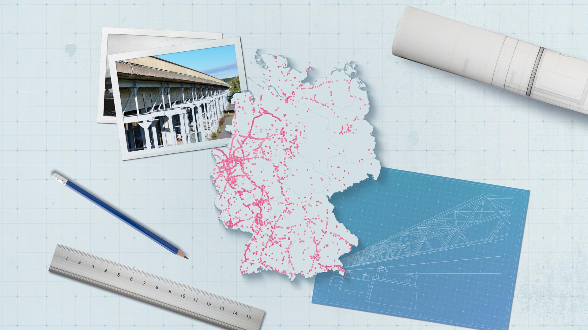 Deutschlandkarte mit Brücken in schlechtem Zustand, daneben Skizzen von Brücken und ein Foto der Mainbrücke Hochheim