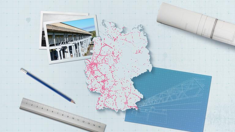 Deutschlandkarte mit Brücken in schlechtem Zustand, daneben Skizzen von Brücken und ein Foto der Mainbrücke Hochheim
